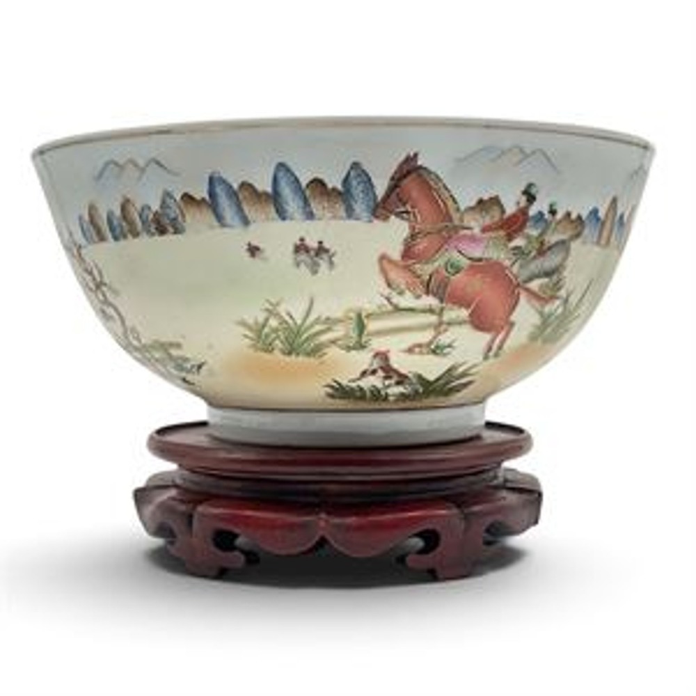 Vintage Chinese Porcelain Hunt Scene Bowl with Carved Wood Stand Hand Decorated